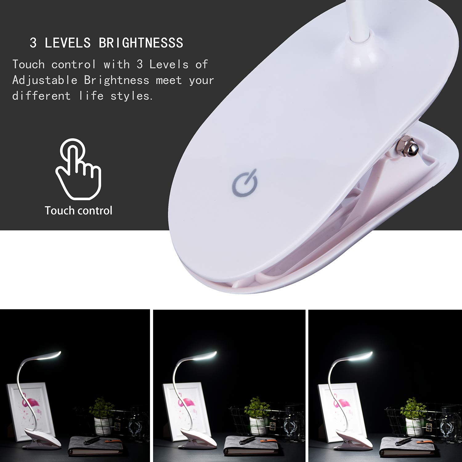 Rechargeable USB Clip on Lamp Reading Light Modern Desk Light Goose Neck with Touch Control LED 3-Level Brightness Adjustable