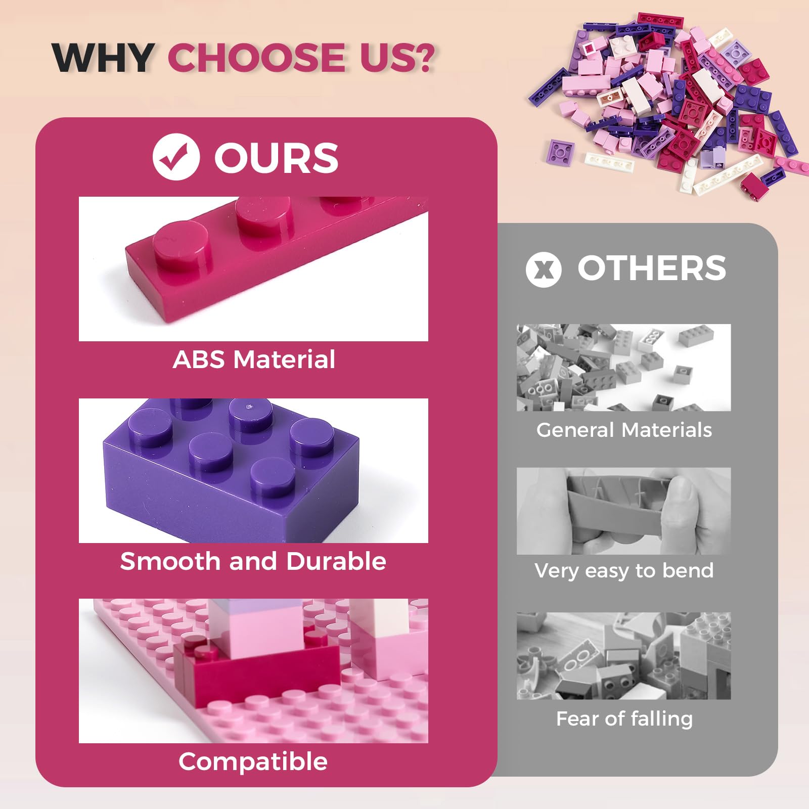 1500 Pieces Building Bricks, Building Bricks Set for Girls Age 6-7-8-12, Classic Bulk Small Blocks, Blocks Set (Pink Purple White)