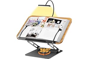 AIFEI Book Stand for Reading, Adjustable Book Holder with Reading Light, Cookbook Stand with 360° Rotating Base, Foldable Designs with Elastic Clips, Book Display Stand for Music Scores, Recipe, Brown