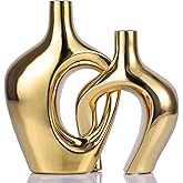 Gold Hollow Ceramic Vases Set of 2 - Modern Nordic Boho ins Style Decor Vases, Pampas Grass Flower Vases for Wedding, Living 