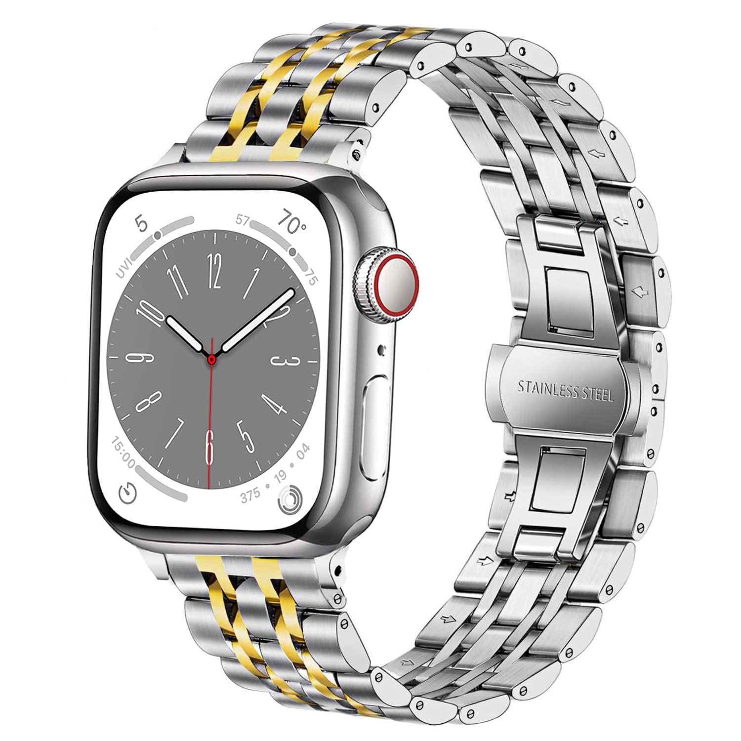 DEALELE Strap Compatible with iWatch 42mm 44mm 45mm 49mm, 7-Rows Stainless Steel Metal Replacement Bands for Apple Watch Series 9/8 / 7/6 / 5/4 / 3 / SE/Ultra Women Men (Silver-gold)