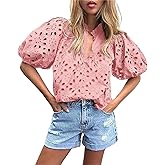 hathne Women's Embroidered Eyelet Blouses Tops Summer V Neck Hollow Out Lantern Short Sleeve Shirts