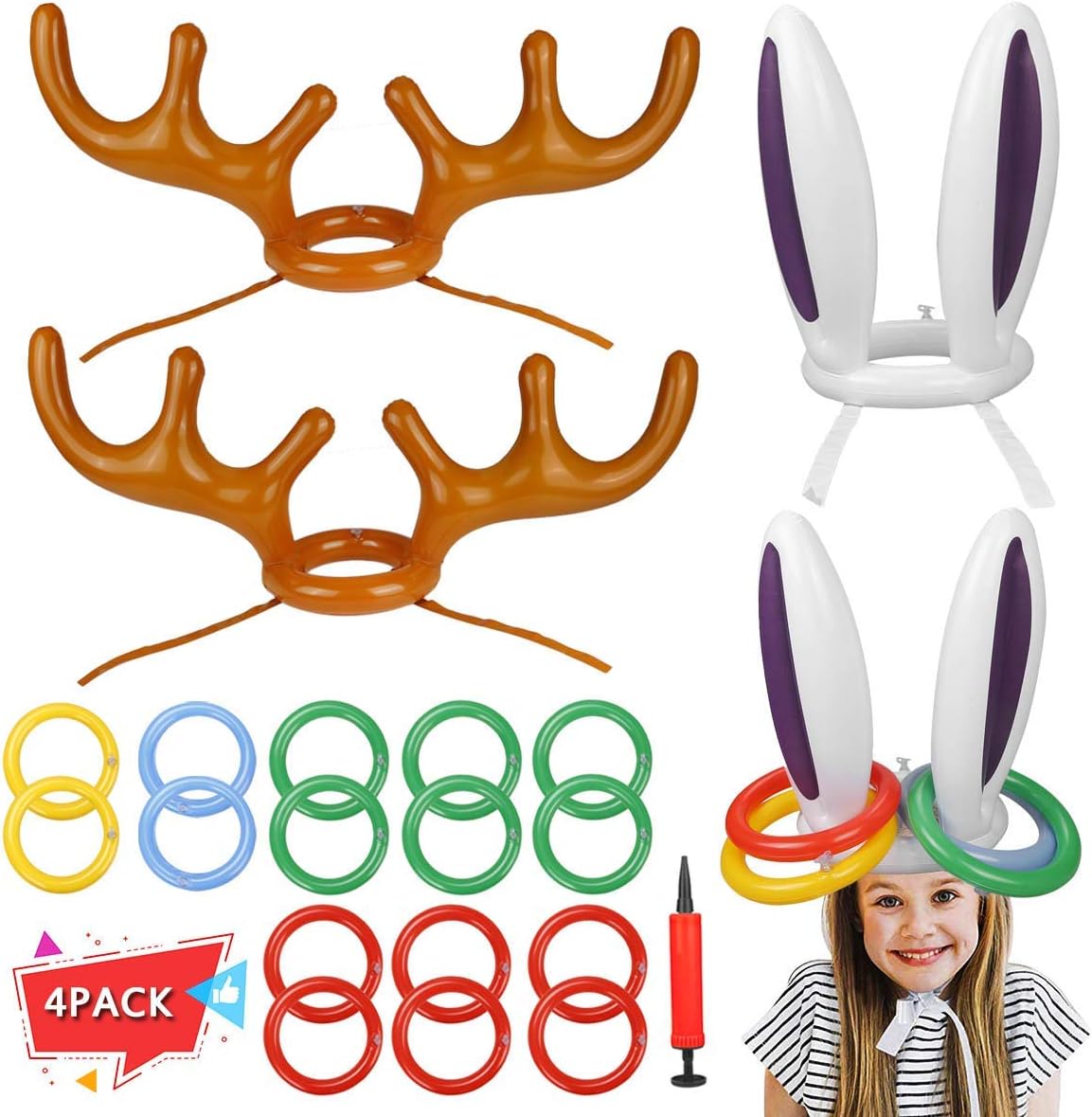 4 Pack Ring Toss Game, Inflatable Bunny Ears Antler Hat Toss Game for Kids Christmas Party Decoration Toy Indoor Outdoor Family Game (2 Antlers, 2 Rabbit Ears, 16 Rings, Include an Air Pump)