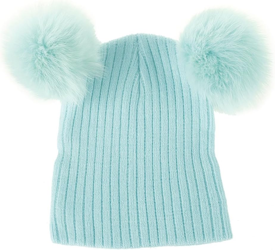 Baby Kids Girls Boys Winter Faux Fox Fur Ball Woolen Yarn Knitted Hat Cap Beanie - Black