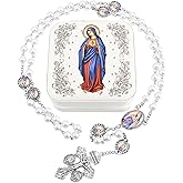 SUTANALE Catholic Rosary Necklace for Women with 8MM Glass Pearl Beads - Our Lady of Lourdes & Immaculate Heart of Mary Jewelry Gift, Travel Case, First Communion