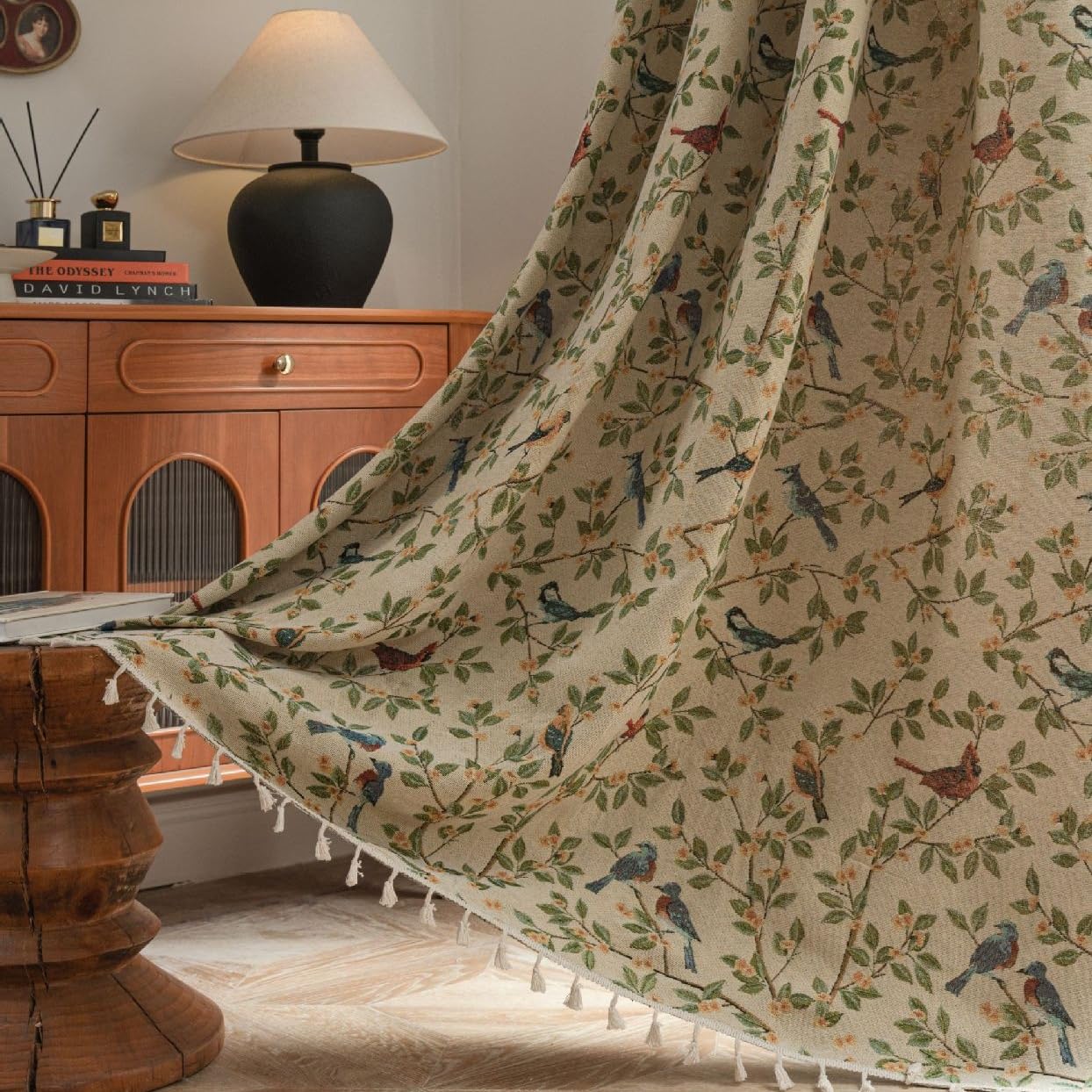 USTIDE Natural Floral Birds Shabby Chic Blossom Tassel Blackout Curtain Rod Pocket Light Reducing for Bedroom Living Room, 150x180cm