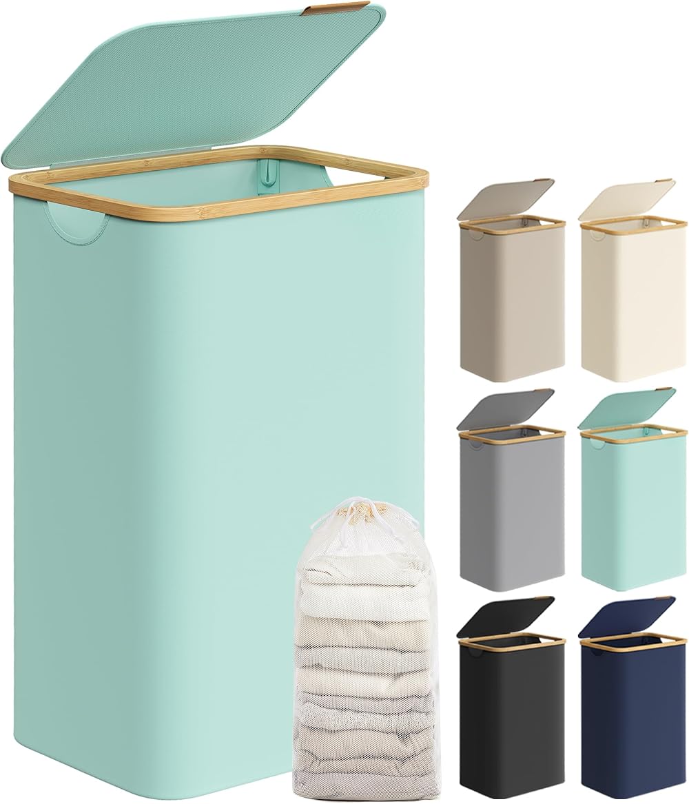 SONGMICS 90L Laundry Basket with Lid Mint Green 42x32x70.5 cm