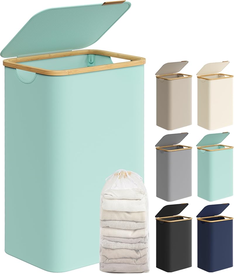 SONGMICS 90L Laundry Basket with Lid Mint Green 42x32x70.5 cm