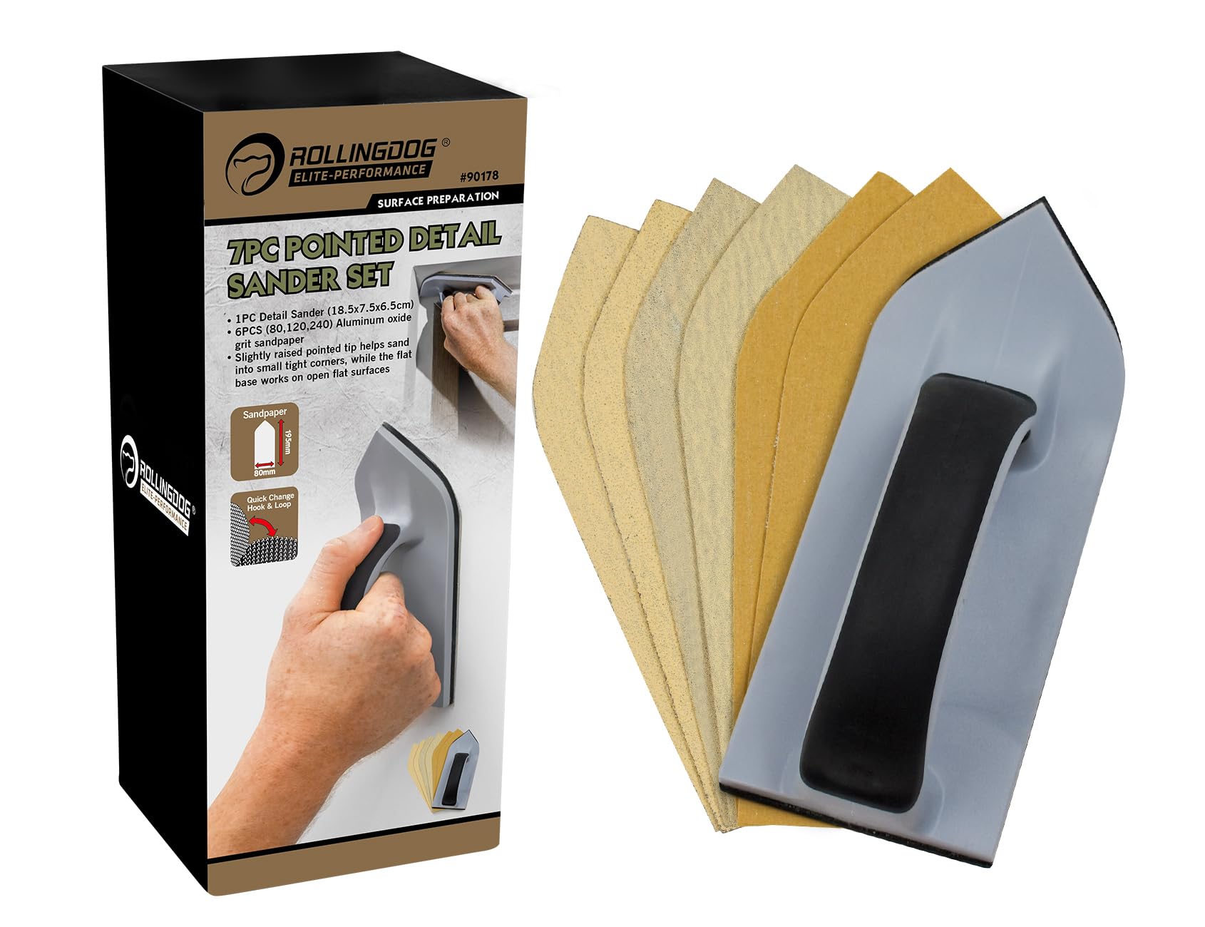 ROLLINGDOG Corner Sander-Pointed Detail Hand Sander for Drywall, Wood, and Metal Sanding (80,120,240)