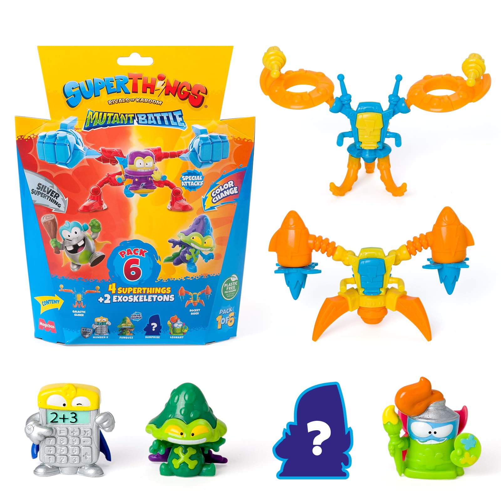 SUPERTHINGS Mutant Battle Series – Pack of 6. Includes 4 SuperThings (1 silver captain) and 2 Exoskeletons. Pack 1 of 6