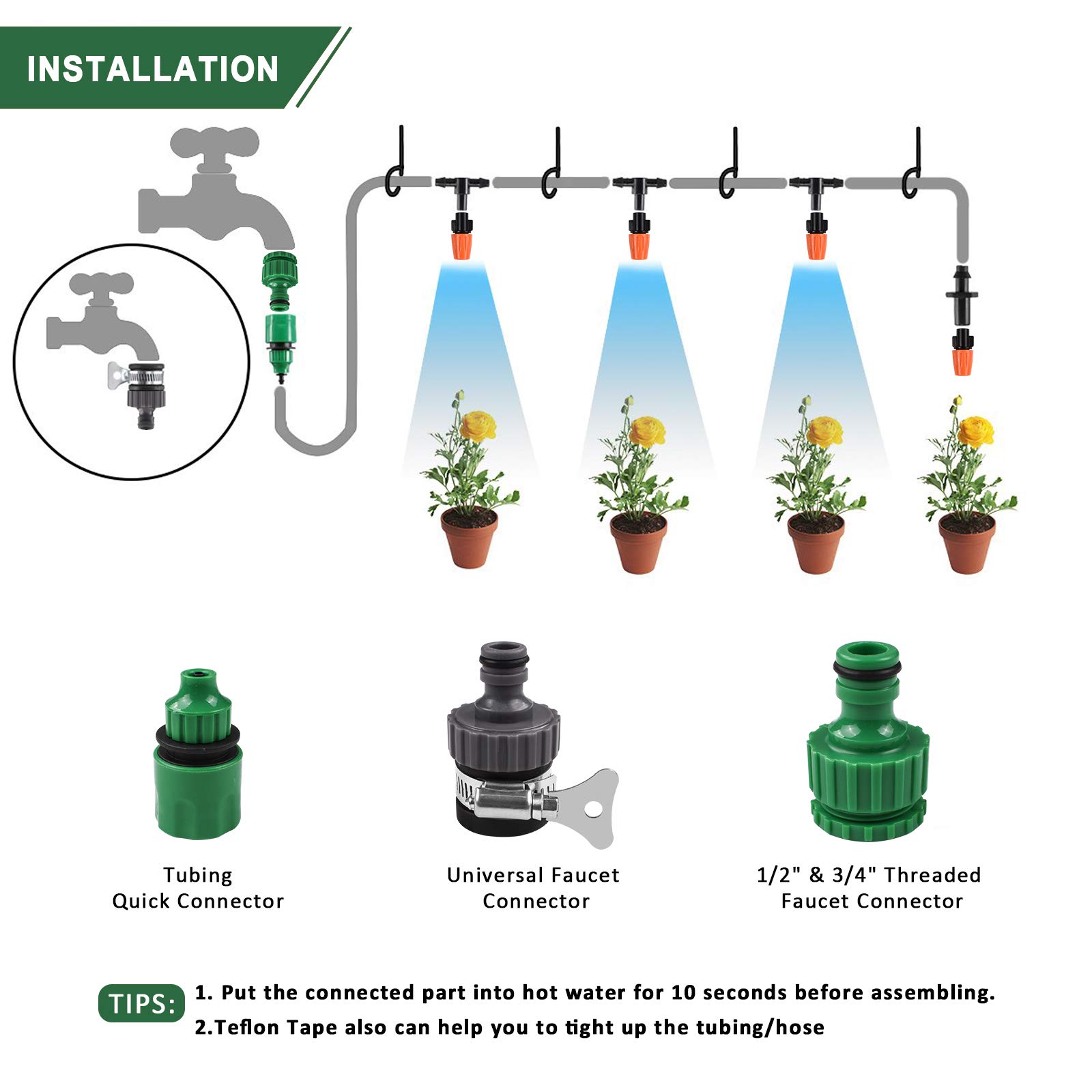 KORAM Drip Irrigation Kits, 1/4-inch Blank Distribution Tubing Garden Irrigation System DIY Saving Water Irrigation Equipment Set with 20 Mist Nozzles Suit for Garden Greenhouse, Flower Bed, Patio