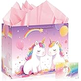 13" Large Unicorn Birthday Gift Bag with Greeting Card and Tissue Paper Party Favor Bags with Handle for Birthday Party Decorations(13 x 10.2 x 4.9 Inch)