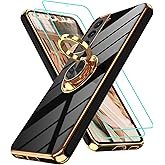 Gritup for Samsung Galaxy S21 Case: with 2Pcs Screen Protector, 360° Rotation Ring Holder Magnetic Kickstand Plating Gold Edge Soft TPU Shockproof Protective Cover for S21, Black