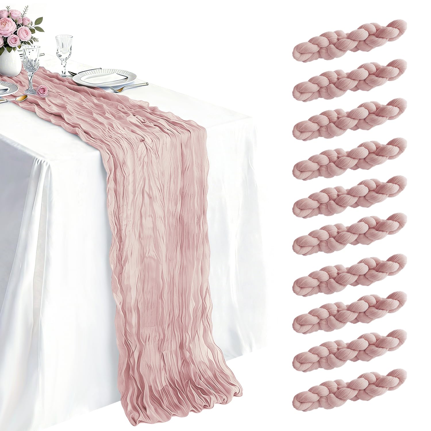 Photo 1 of 10 Pack Blushing Pink Cheesecloth Table Runner 17×120 Inch Gauze 10 FT Long Cheese Cloth Table Runners for Bridal Wedding Party Baby Shower Holiday Birthday Home Easter Decor