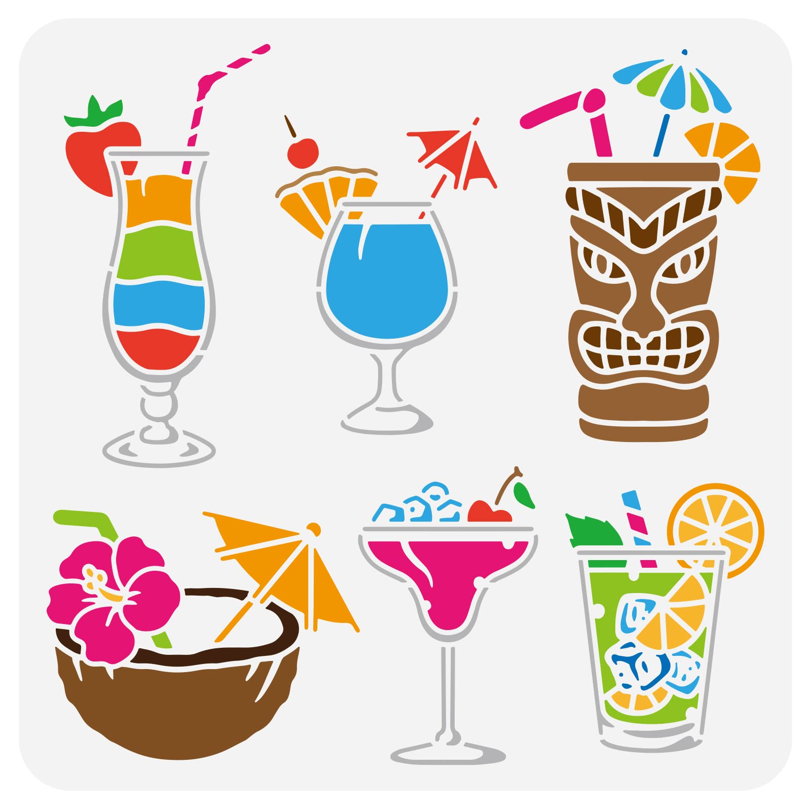 FINGERINSPIRE Tropical Drink Painting Stencil 30x30cm Reusable Summer Ice Drink Drawing Template DIY Art Summer Theme Stencil for Painting on Wall, Wood, Fabric Paper and Furniture