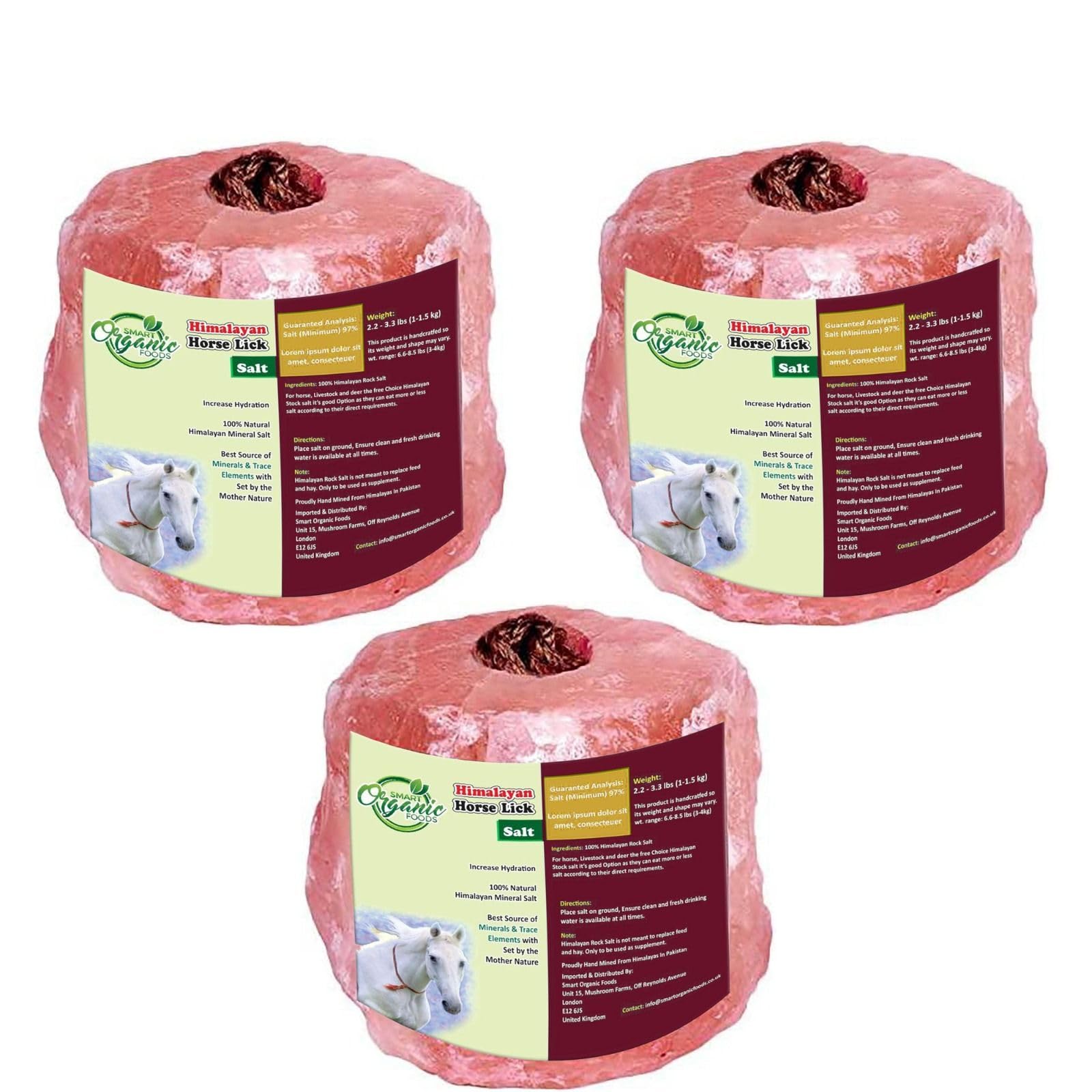 3x Himalayan Animal Horse Lick Natural Pink Salt, Natural shape salt with strong hanging Rope | Suitable for all Animals | 1-1.5 kg Salt l Product from Pakistan | Pack of 3 | (3 in one Box)