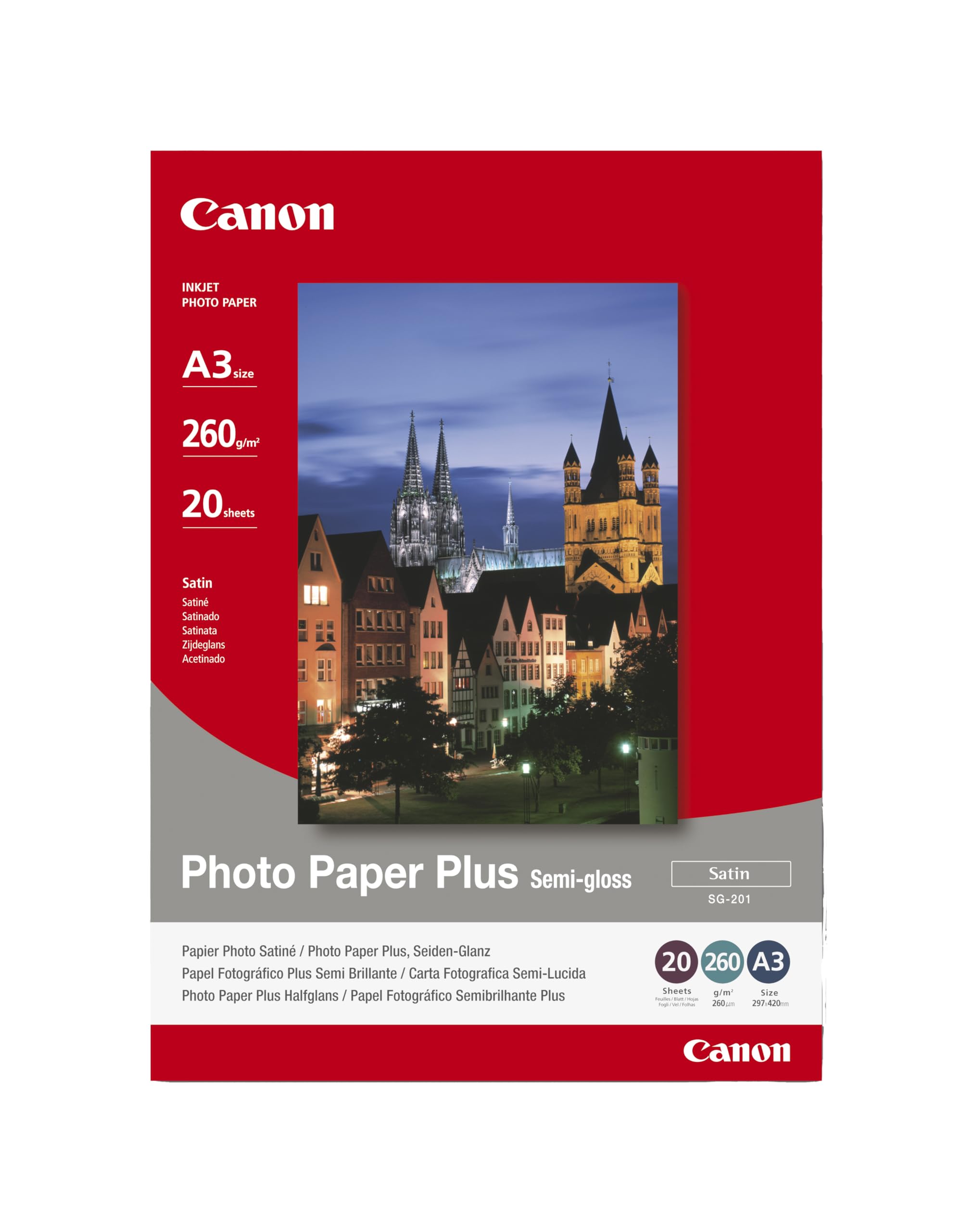 Canon SG-201 Semi-Gloss Photo Paper Plus A3 (20 Sheets) - Satin Finish Paper, Instant-Dry Photos, 260 GSM - Compatible with Canon Inkjet Printers