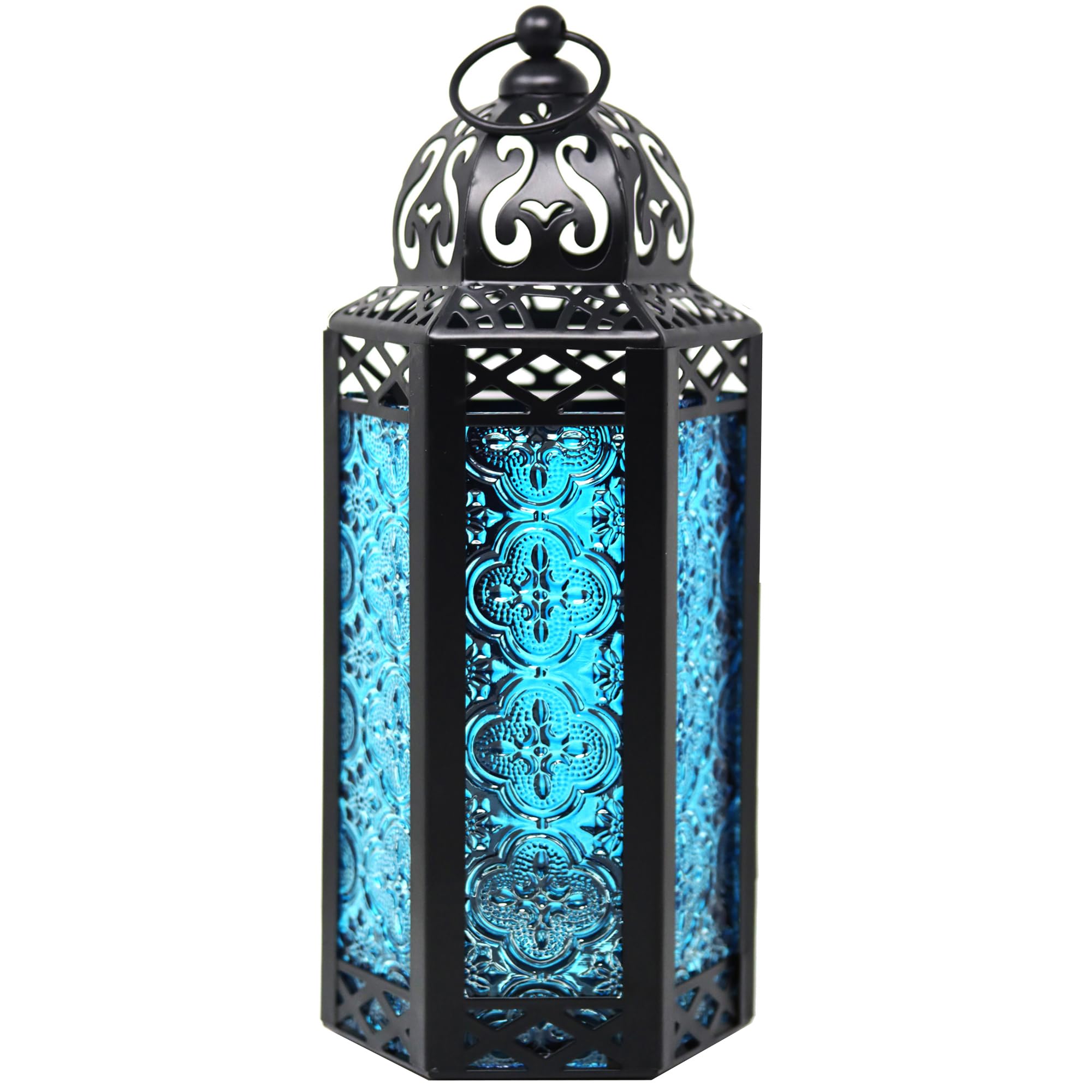 VELA LANTERNS Moroccan Candle Lantern Decorative Candle Holder Lamp for Indoor Outdoor, Ramadan, Home Decor, Patio, Weddings, Black Metal, Blue Glass, Medium Lantern