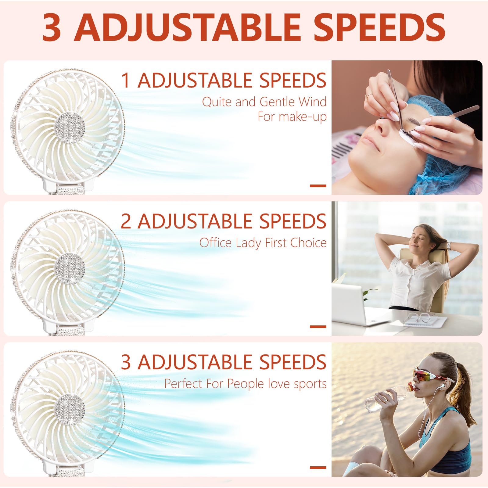 Mudder Rhinestone Handheld Fan Crystal Bling Mini Personal Fan Glitter Bedazzled Portable USB Rechargeable & Battery Operated for Girls Women Outdoor Travel Indoor Makeup Office(White,Foldable)