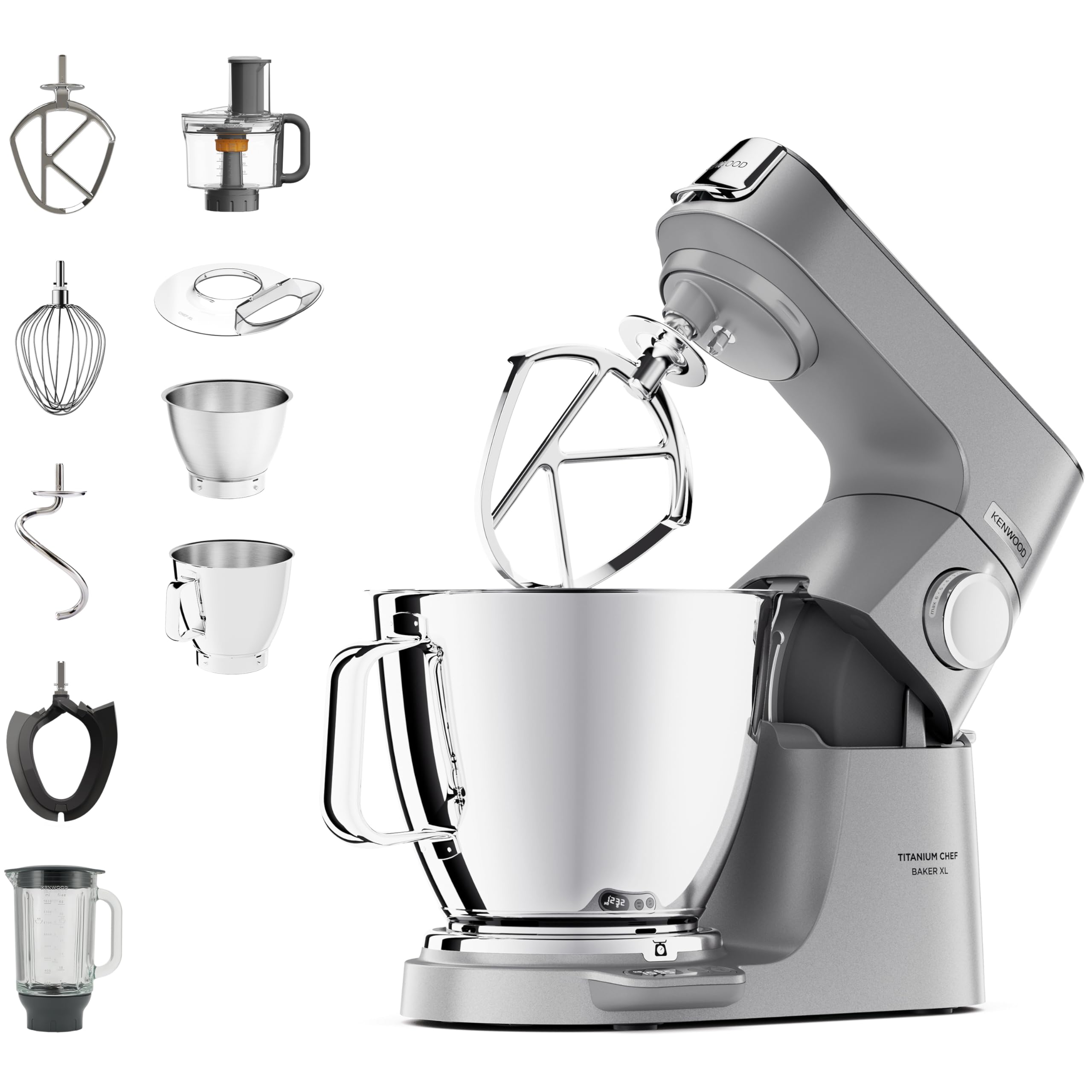 Kenwood Titanium Chef Baker XL KVL85.424SI Küchenmaschine mit integrierter Waage, inkl. 4-teiligem Patisserie-Set, 7 L und 5L Rührschüssel, stufenloser Geschwindigkeitsregler, 1200 W, Silber
