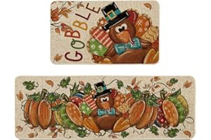 Artoid Mode Turkey Thanksgiving Kitchen Mats Set of 2, Gobble Pumpkin Maple Leaves Home Decor Low-Profile Kitchen Rugs for Floor - 17x29 and 17x47 Inch