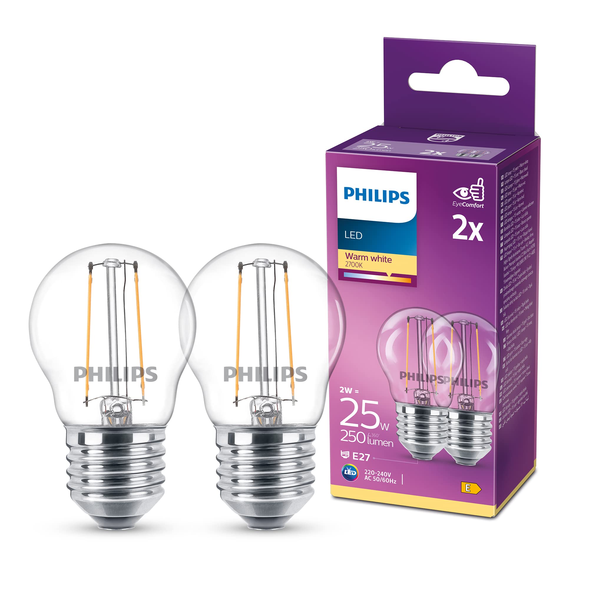 Philips LED Premium Classic P45 Clear Light Bulb 2 Pack [E27 Edison Screw] 25W, Warm White 2700K, Non Dimmable