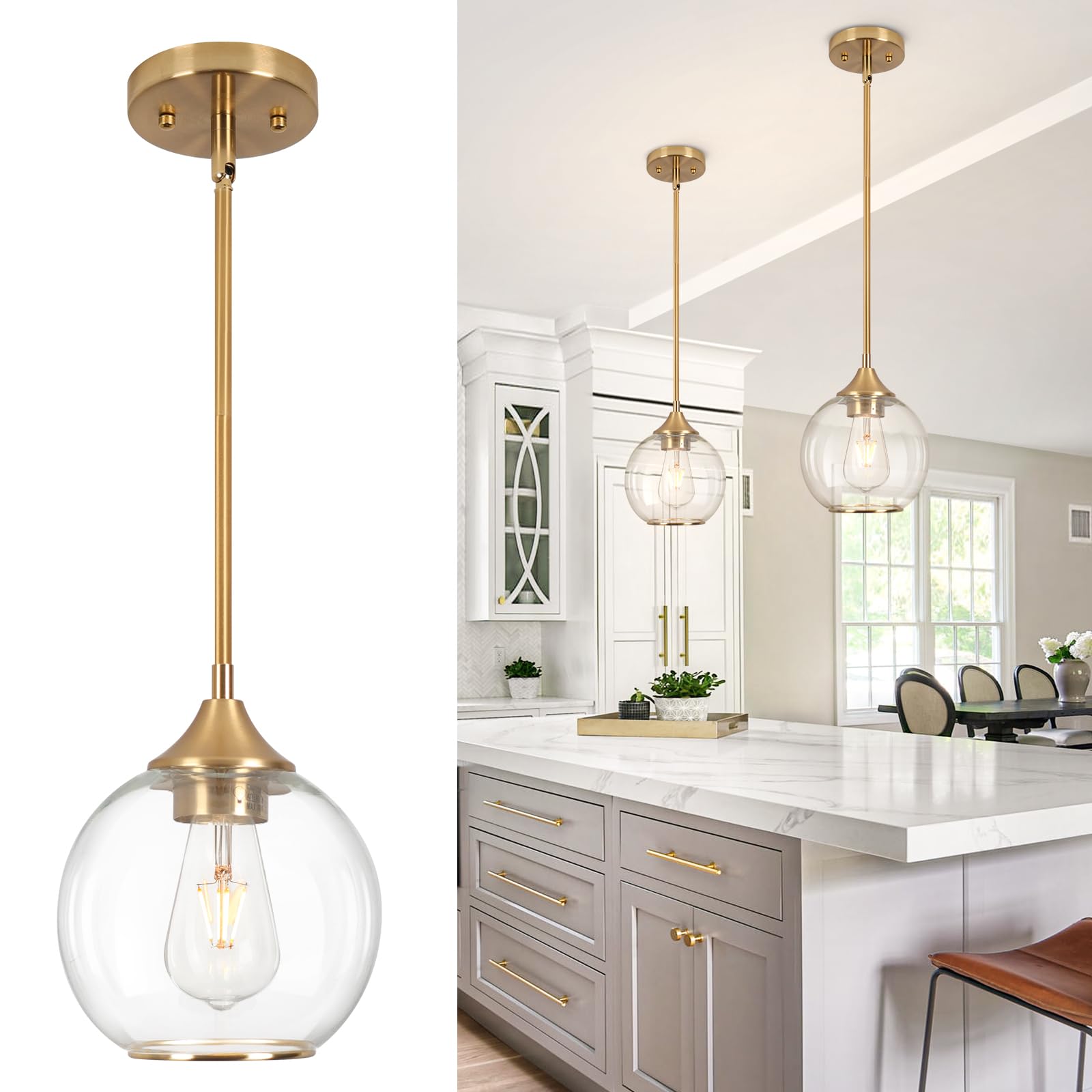Photo 1 of Loiogohot Pendant Lights Kitchen Island,Farmhouse Gold Pendant Light With Clear Glass Globe Shade,7" Glass Pendant Light for Brushed Bronze Finish Farmhouse Entryway Dining Room Kitchen Island 1 Light