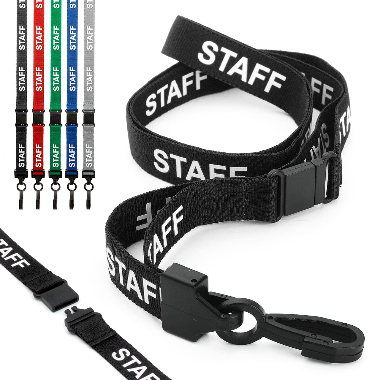 CKB LTD Staff LANYARDS Breakaway Safety Lanyard Pre-Printed Text Neck Strap Swivel Plastic Clip for ID Card Holder - Pull Quick Release Design (Pack of 10, Black)