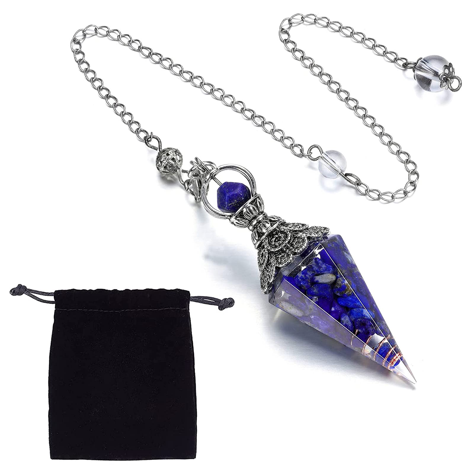 SUNNYCLUE Lapis Lazuli Pendulum Healing Crystal Dowsing Pendulum Necklace with Lobster Claw Clasps & Velvet Cloth Bags for Reiki Healing Balancing Spiritual Resin Gemstone Point Pendulums Necklace