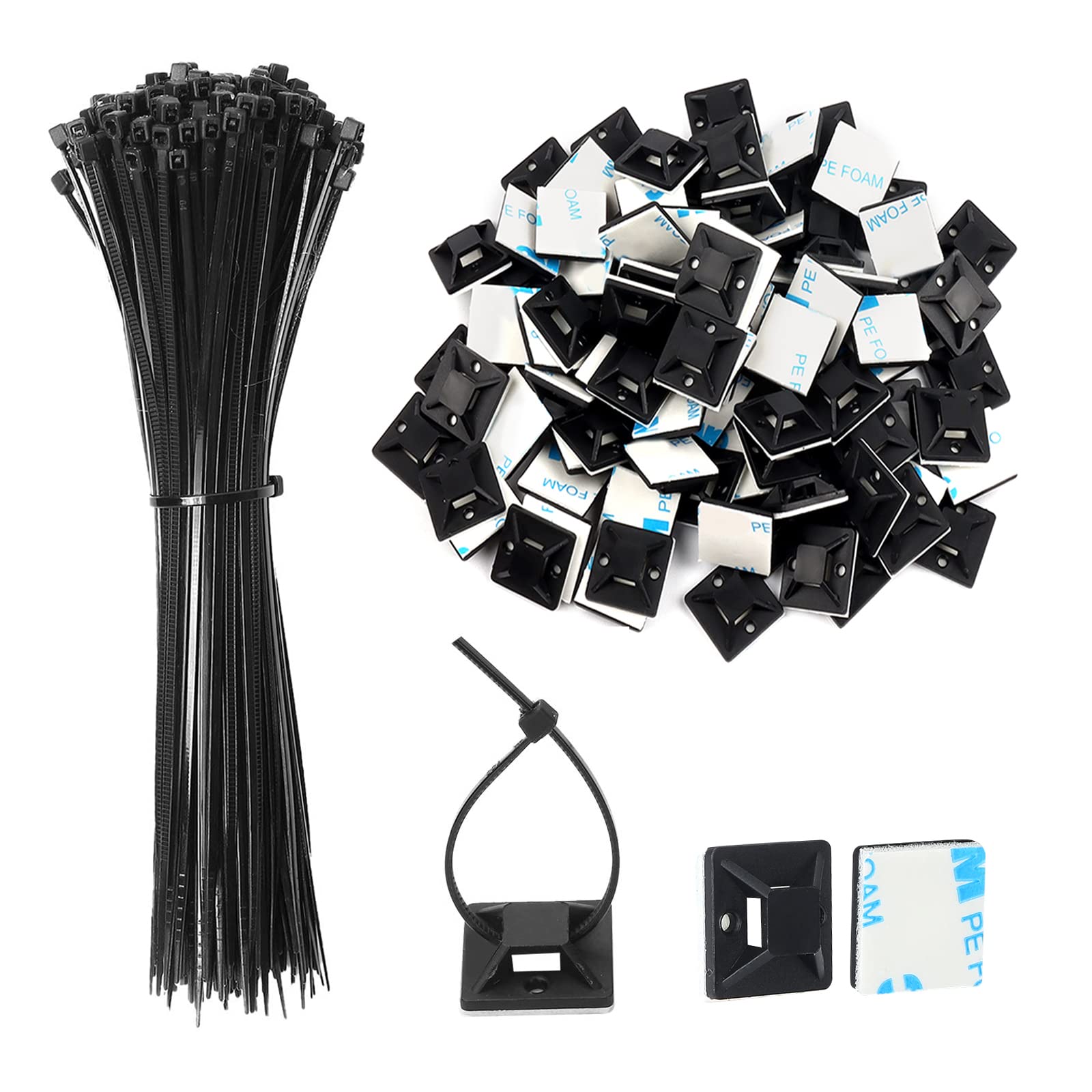 JatilEr 200 Pcs Cable Tie Base Self Adhesive Cable Tie Mounts with Multi-Purpose Zip Tie, Cable Holder Clips Sticky Cable Tie Pads-Black (100 x Ties Length 150 mm, 100 x Base Width 18 mm)