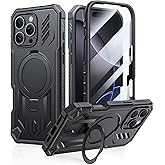 FNTCASE for iPhone 16 Pro-Max Case: Magnetic Phone Cases with [Ring Kickstand] [Built-in Screen Protector] [Heavy Duty Military Grade Protection] Shockproof Full Body Protective Hard Cases Black