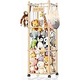 Stuffed Animal Storage with Wheels (Rolling Zoo), Large Wooden Plushie Organizer with Bonus Mesh Net for Small Toys, Mobile Toy Holder Cage for Kids Playroom Bedroom & Toddler Room(Natural Pine)