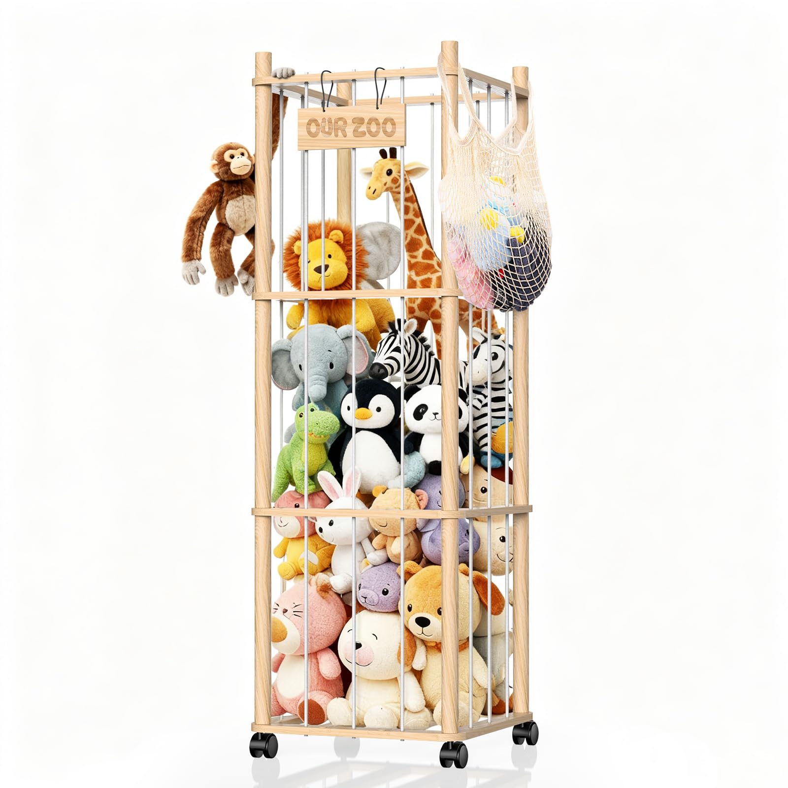 Photo 1 of ***MISSING PIECE*** Stuffed Animal Storage & Holder, Natural Pine Wood Plushies Storage with Wheels, Large Capacity Stuffed Animal Zoo with Elastic Cord, Space Save Toy Organizer for Playroom Bedroom & Toddler Room