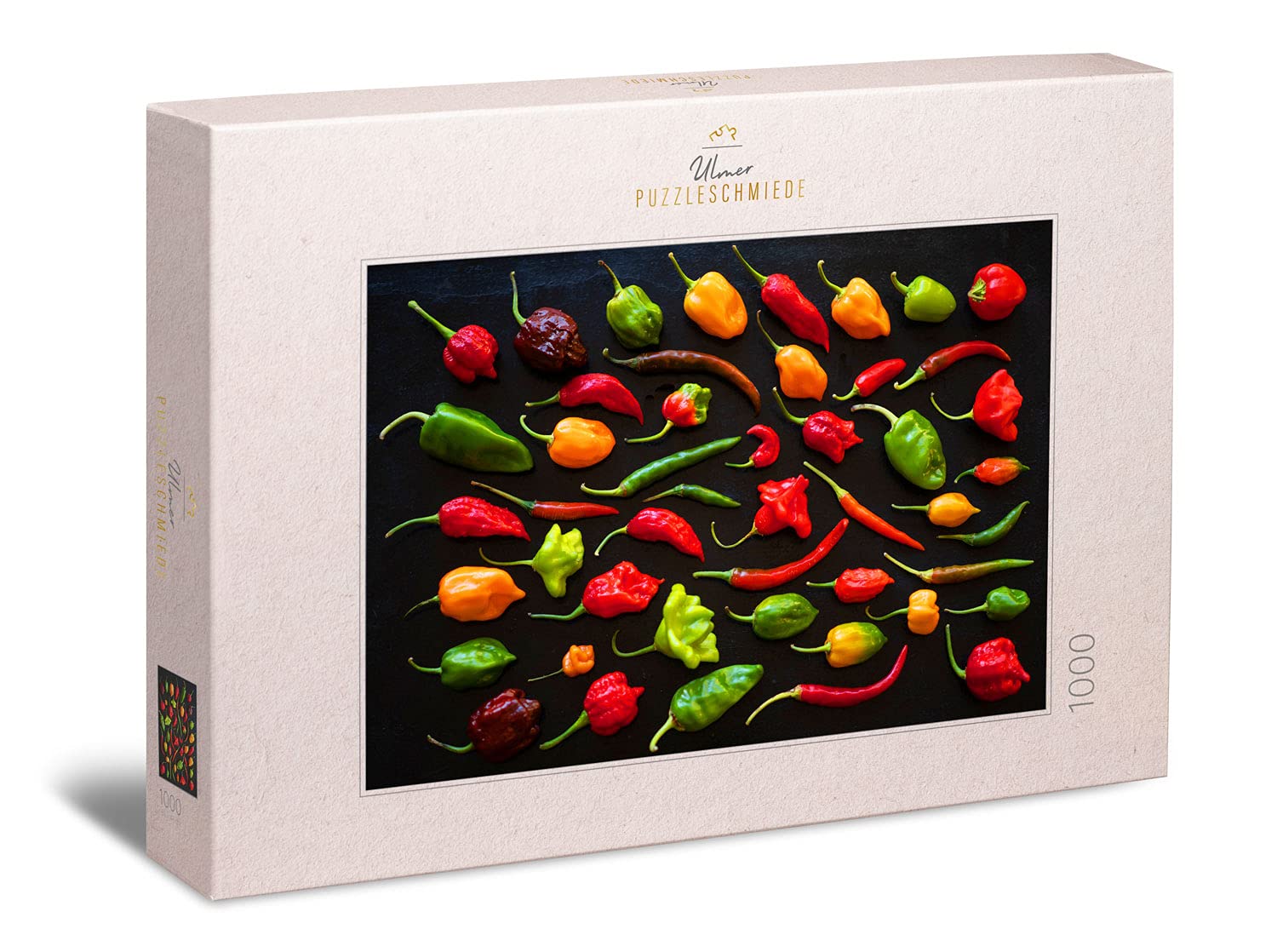 Ulmer Puzzleschmiede - Puzzle "Colourful Fire" - Modern 1000 piece food photo puzzle around the kitchen and spices - Colourful chillies and jalapenos