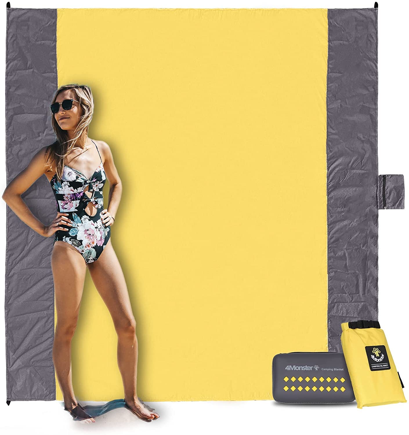 4Monster Picnic Blanket, Extra Large 210×200cm Beach Mat Sandproof, Camping Blanket Waterproof for 4-7 Adults, Beach Blanket for Travel, Hiking, Beach, Picnic, Yellow