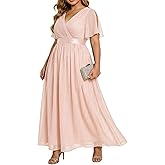 Talisea Plus Size Formal Dress - Chiffon V Neck Bridesmaid Wedding Guest Party Short Sleeve A-Line Floor Length Dresses