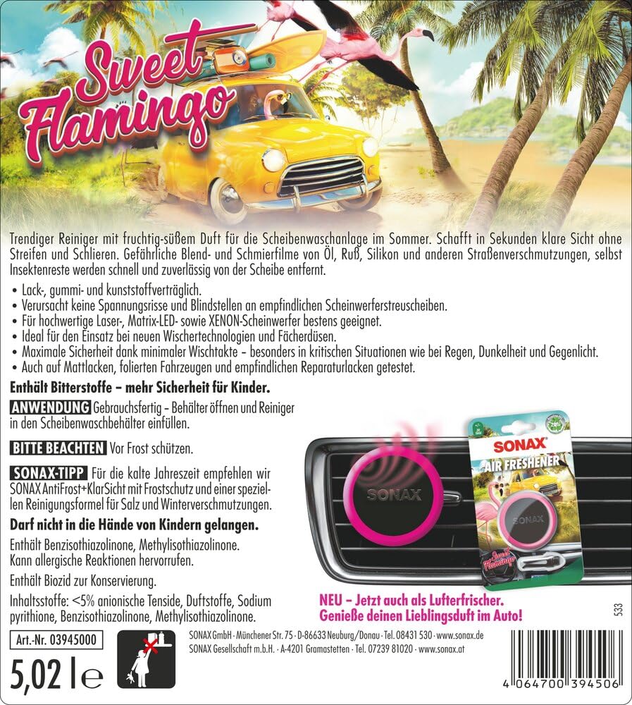 SONAX ScheibenReiniger gebrauchsfertig Sweet Flamingo (5 Liter) verstärkt die Reinigungsleistung und erhöht die Fahrsicherheit | Art-Nr. 03945000 2