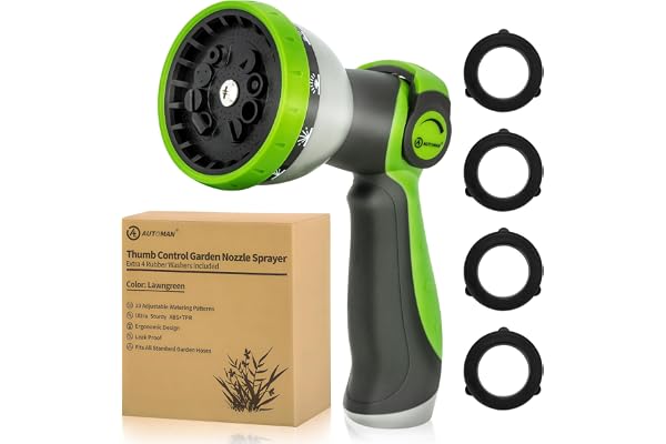AUTOMAN Garden Hose Nozzle Sprayer - 10 Spray Patterns, Thumb Control On Off Valve, Durable Water Nozzle, Extra 4 Washers, fo