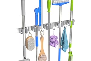 Seewaazee Broom Holder Wall Mount, Mop and Broom Organizer Broom Hanger Storage Tool Utility Racks Stainless Steel Wall Hooks Solid Mop Rack for Home Kitchen Garden Laundry Garage (5 Racks 4 Hooks)