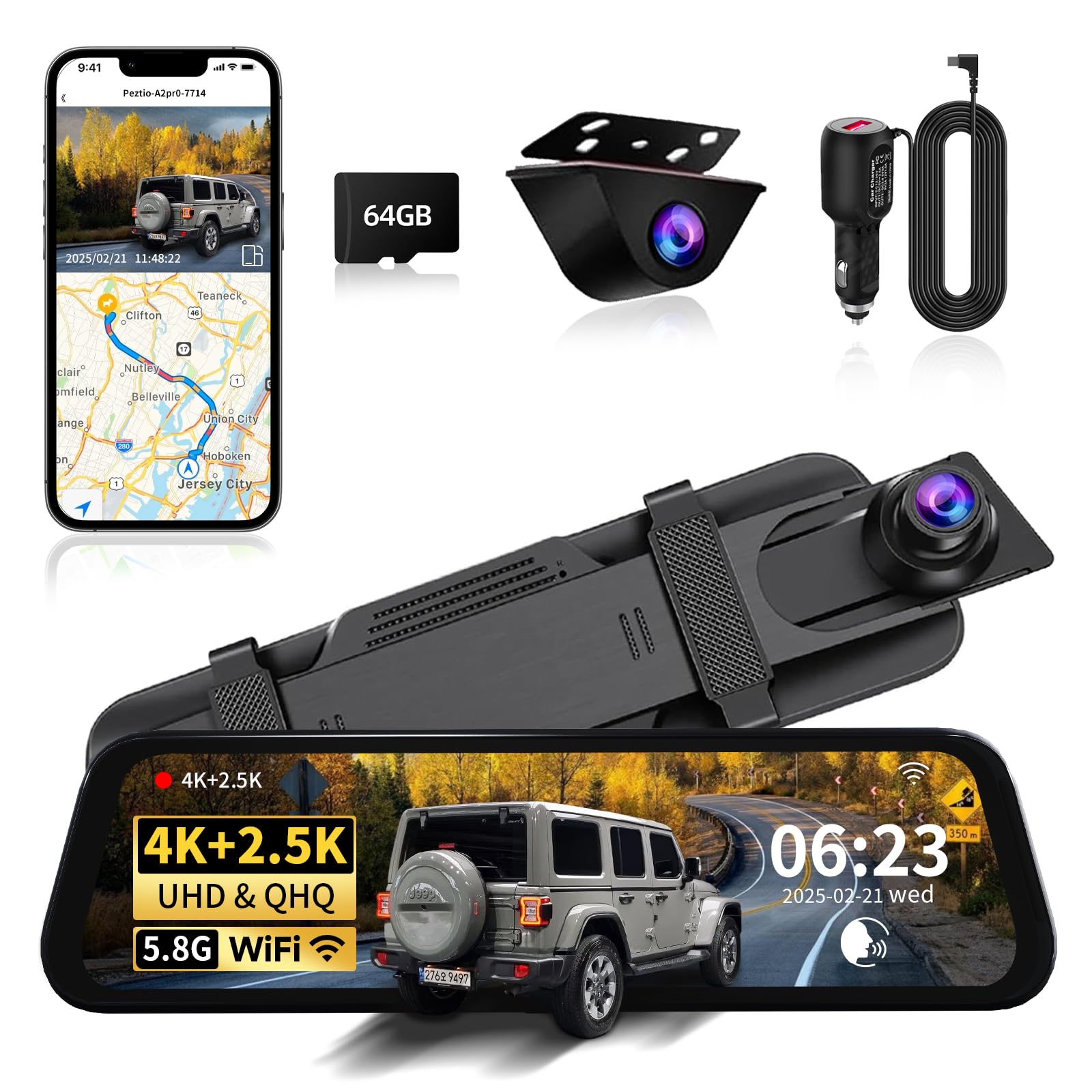 Mirror Dual Dash Camera with Voice Control,4K+2.5K Rear View Mirror Camera with 5.8GHz WiFi and APP Control, WDR Night Vision, Loop Recording, G-Sensor, Parking Monitor 64GB Card Included