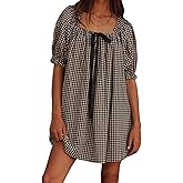 SOLILOQUY Women Gingham Mini Dress Christmas Bow Tie Front Square Neck Short Puff Sleeve Babydoll Dress Boho Party Clubwear