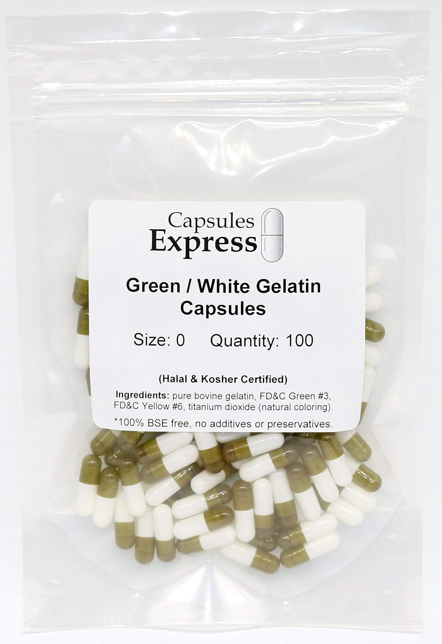 Size 0 Green/White Empty Gelatin Capsules, 100 Count, Kosher by Capsules Express