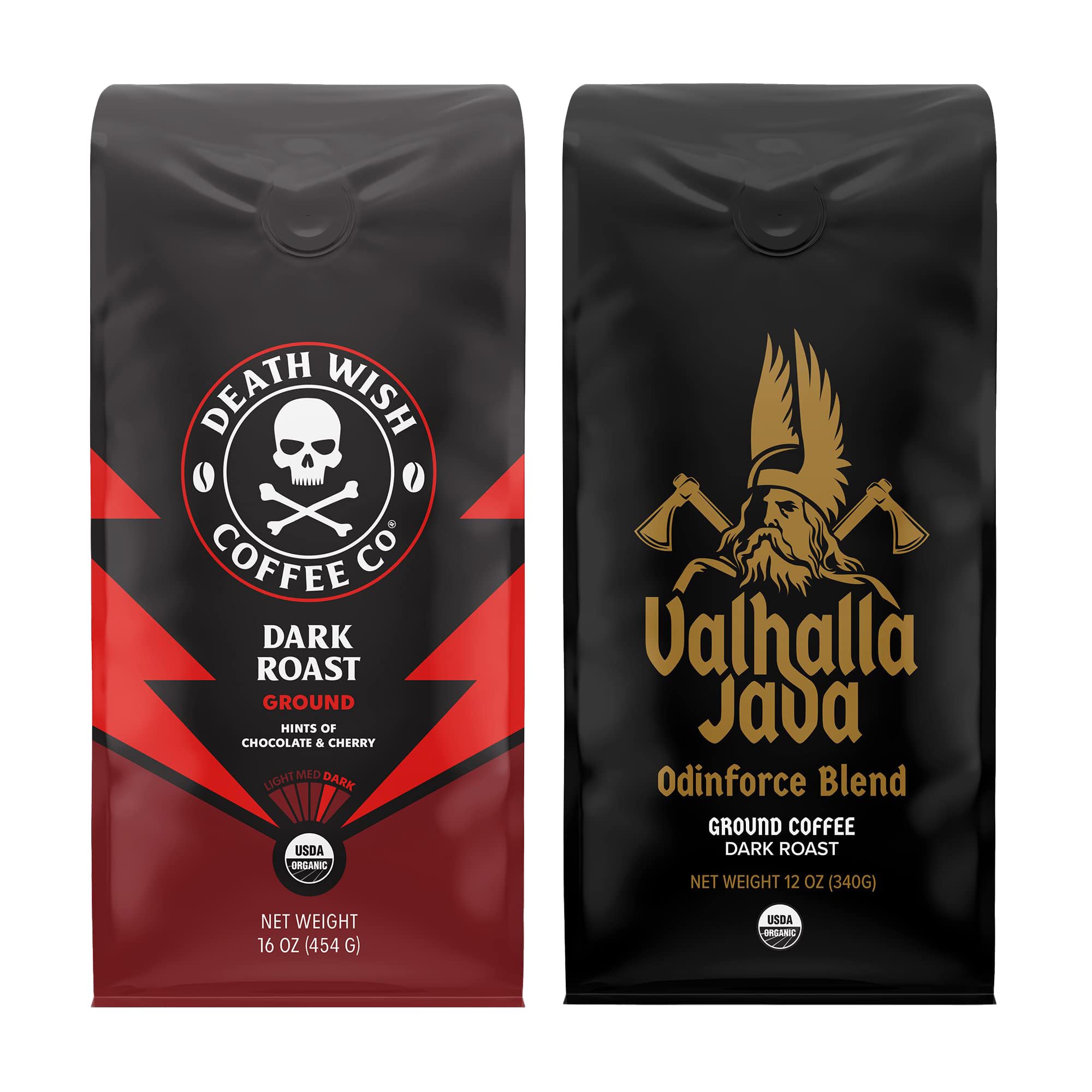 Death Wish Coffee, Dark Roast Ground 16 oz & Valhalla Java Ground 12 oz Bundle, USDA Organic and Fair Trade Image