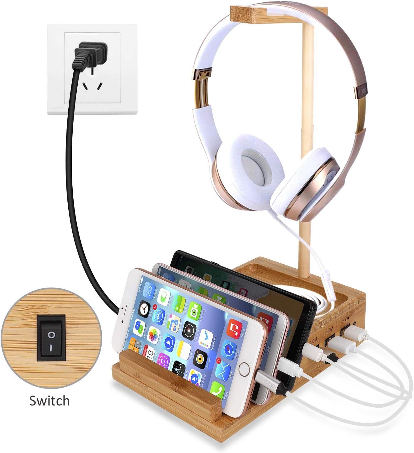 Yisen Handy Universal Wooden Game Earphone Headphone Stand Hanger(Removeble) with Cable Holder Multi Device Smartphone 3-Port USB Charging stations(with power switch and 1.5M UK plug power cord)