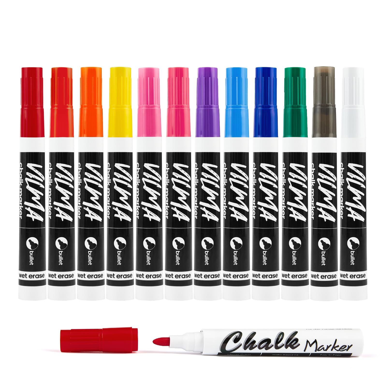 VILMA Liquid Chalk Markers Window Marker for Cars Glass pens Wet Erase Marker Washable Blackboard Pen for Car Window, Mirrors,Signs,Crafts, 2MM Tip 12 Pack,12 Colors