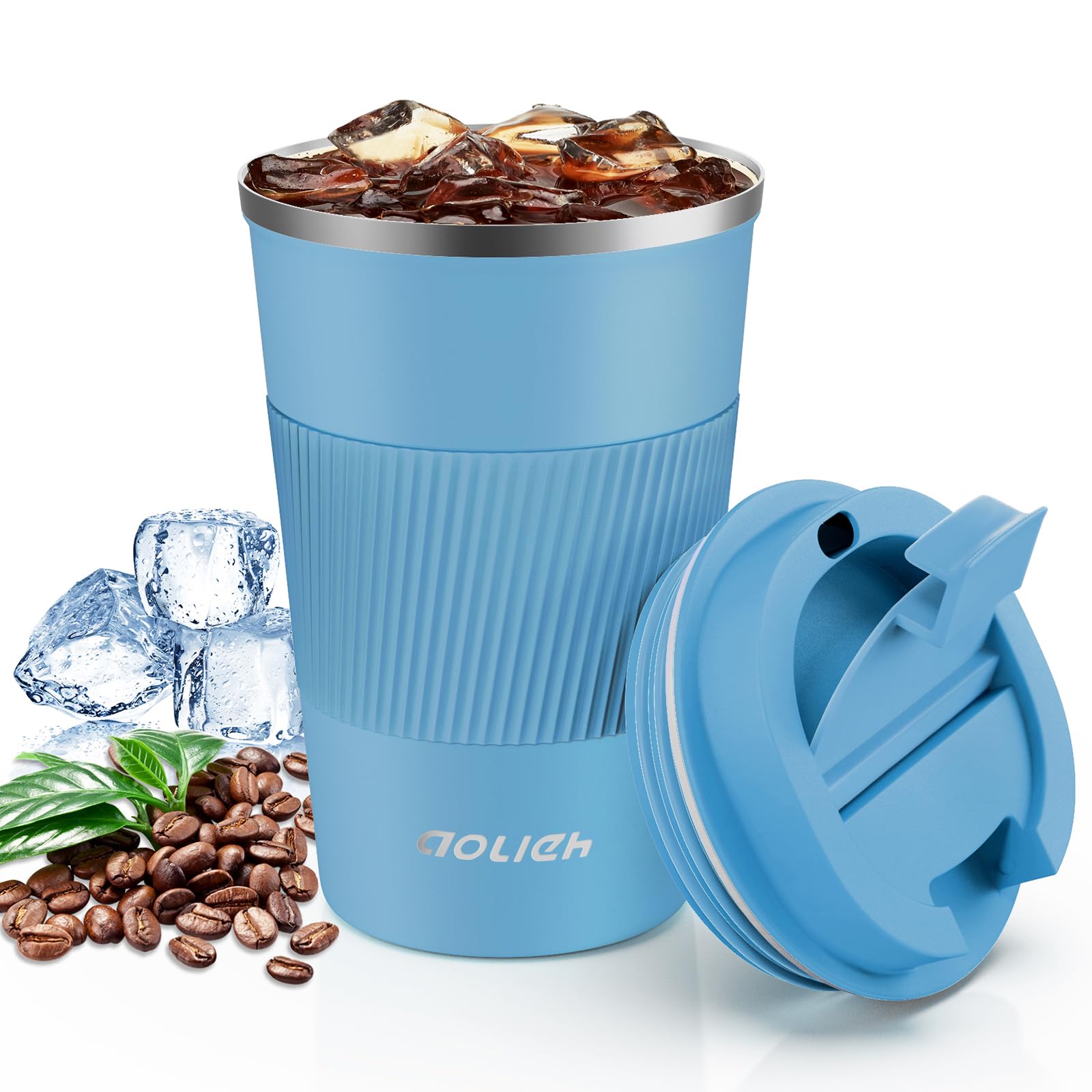 Aolieh Travel Mug 380 ml, Insulated Coffee Cup with Lid, Reusable Stainless Steel Thermal Cup for Coffee, Tea & Cold Drinks, Leak-Resistant Double-Walled Travel Mug, Azure Blue