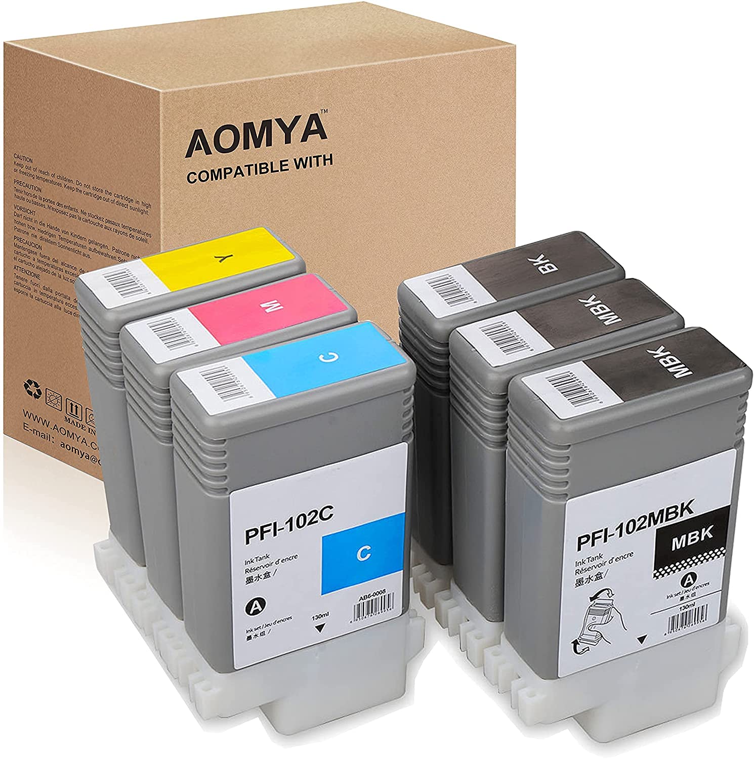 Aomya Compatible PFI-102 Ink Cartridge for Canon imagePrograf iPF500 510 600 605 610 650 655 700 710 720 750 755 760 765 130ML PFI102 Ink Cartridges (2MBK, BK, C, M, Y) 6 Pack