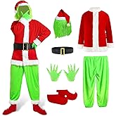 AiMiAO Green Monster Christmas Santa Costumes Outfits with Mask Set Halloween Cosplay Holiday Party Adult 7PCS