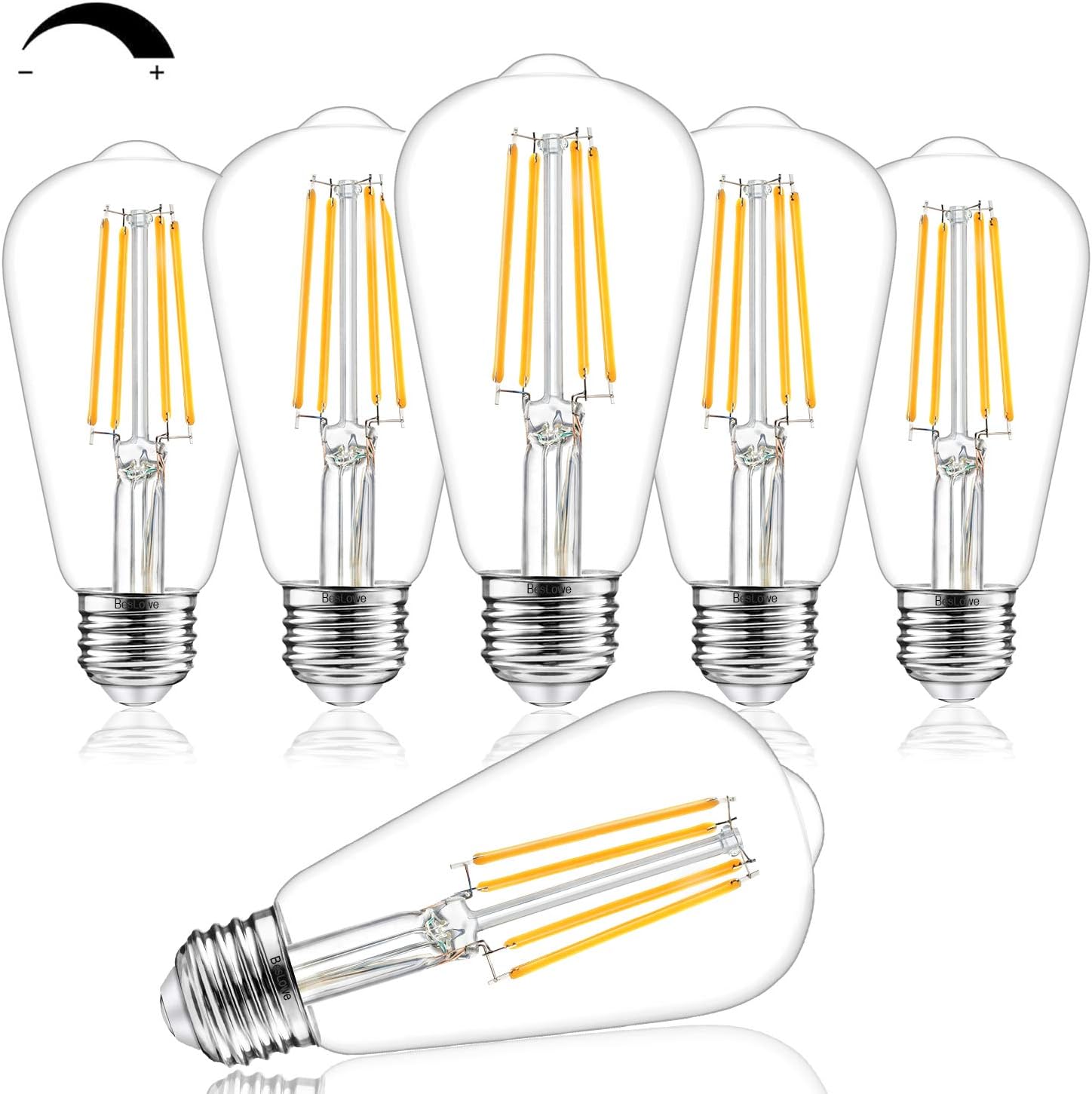 Dimmable Vintage LED Edison Bulbs, 100W Equivalent, 8W, 1200Lumens, High Brightness Soft Warm White 3000K, ST64 Antique LED Filament Bulbs, Standard E26 Medium Base, Clear Glass, High CRI 90+, 6 Packs