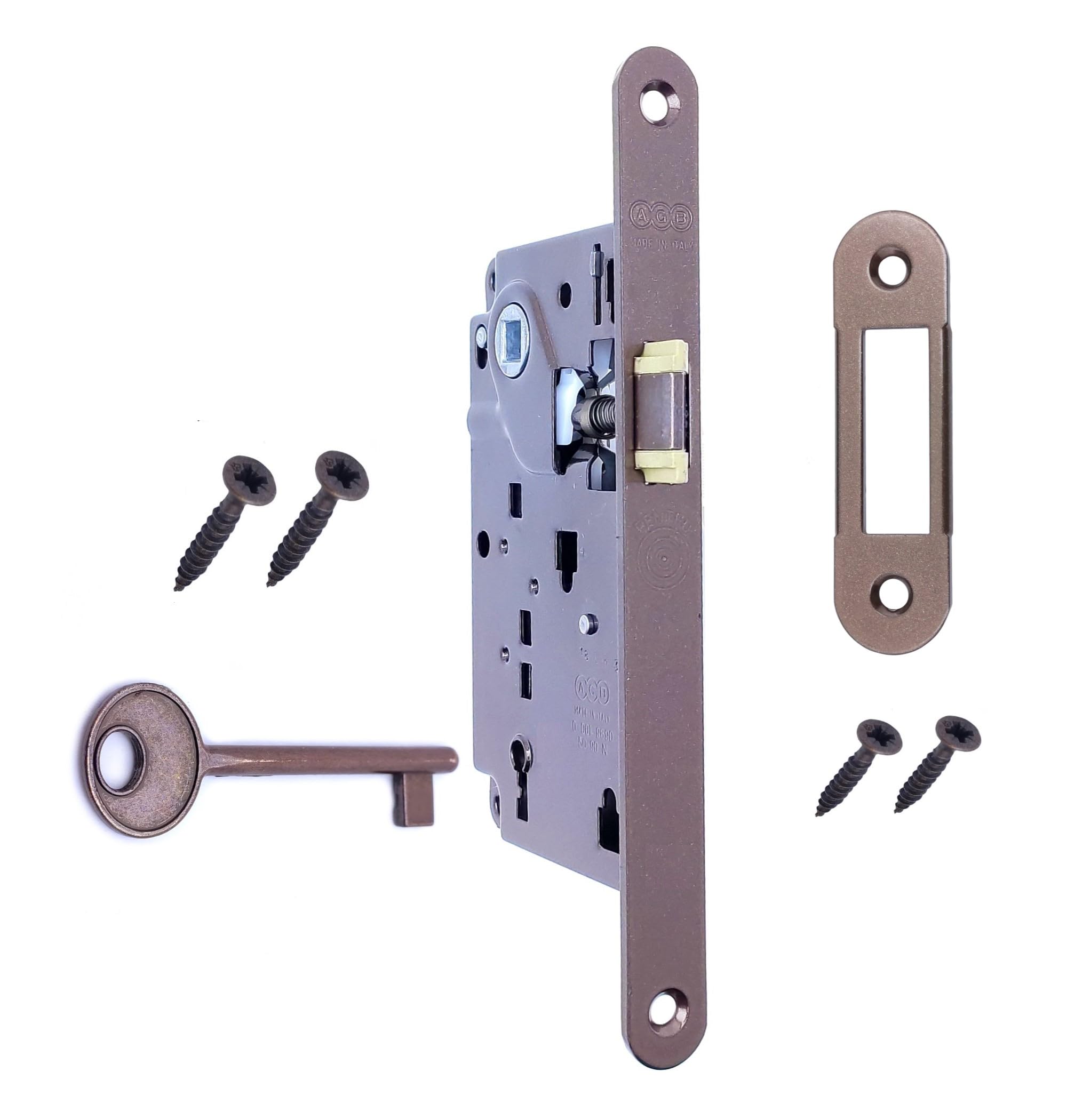 AGB - Interior Door Lock CENTRO Series (Fr. 18x196, In. 90, En. 50, Qu. 8., KEY LOCK, BRONZE PAINTED)